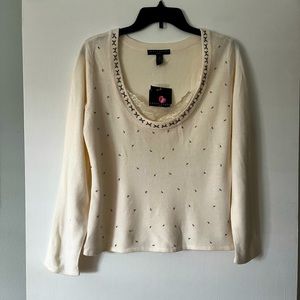 Apostrophe Ivory Colored Beaded Petite Sweater With Lace Inset